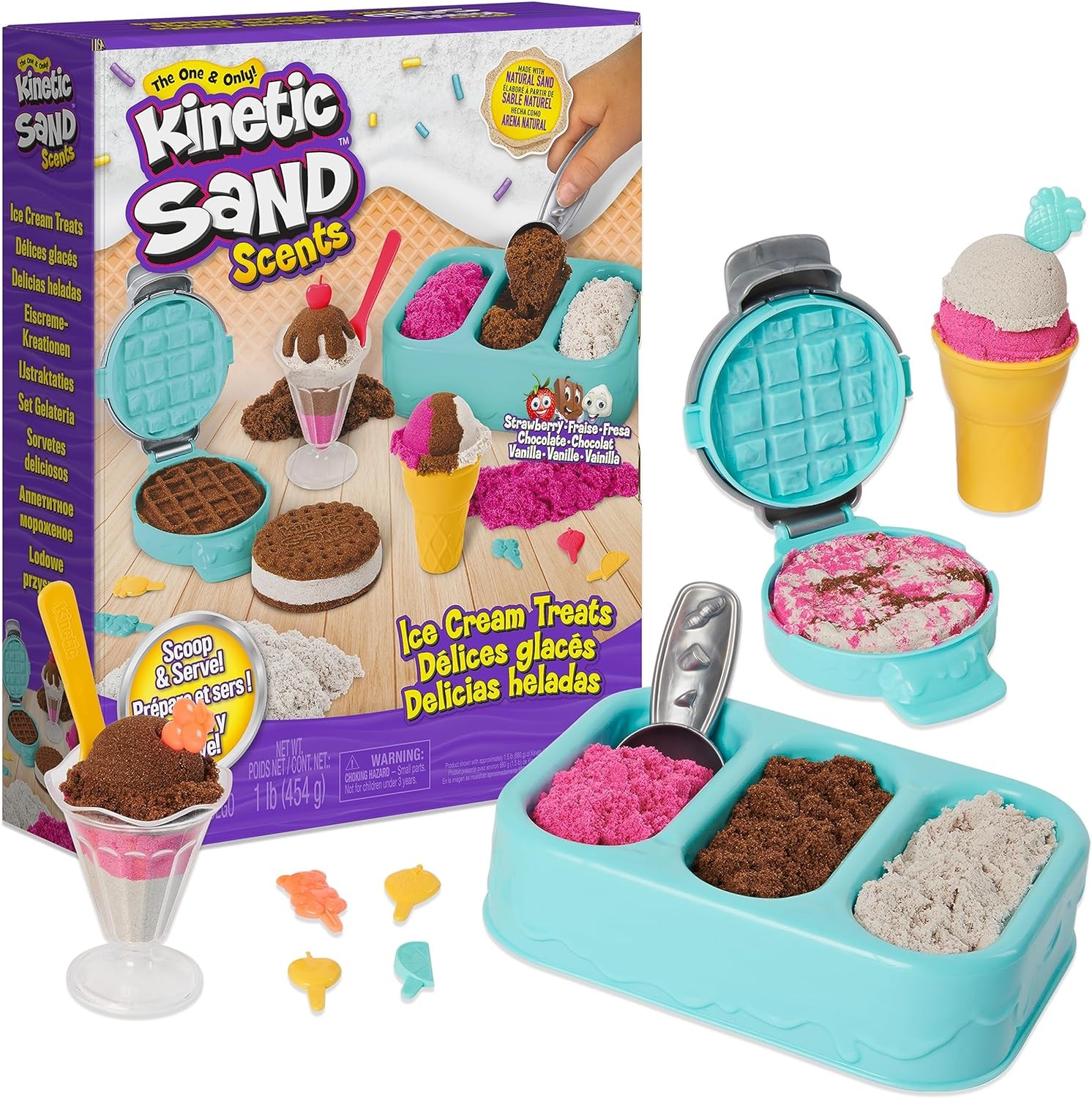 Kinetic Sand Scents, Ice Cream Treats Playset with 3 Colors of All-Natural Scented Play Sand and 6 Serving Tools, Sensory Toys for Kids Ages 3 and up