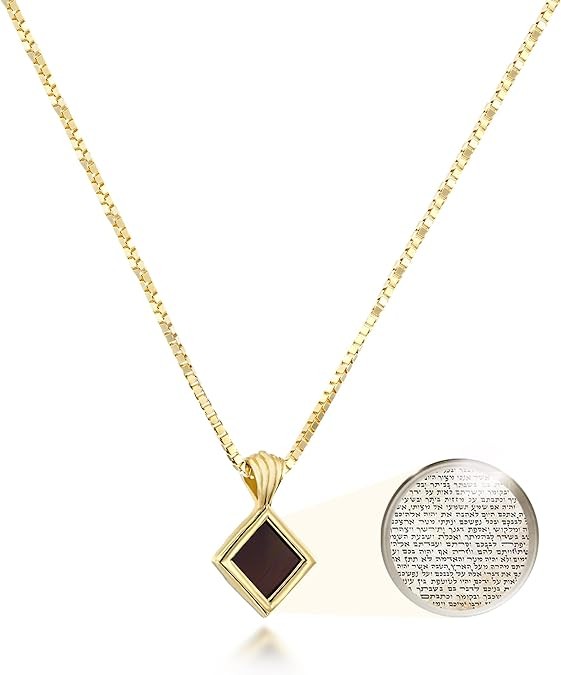 Tiny Jewish Necklace with Smallest Hebrew Nano Bible - on Square Rhombus Pendant with Entire Tanakh Bible Holy Scriptures on 0.2" Microchip, Religious Jewelry Gifts for Women, 18" Box Chain