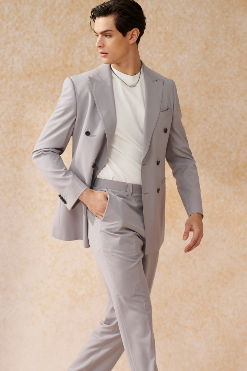 Matte Grey Slim Fit Double Breasted Blazer