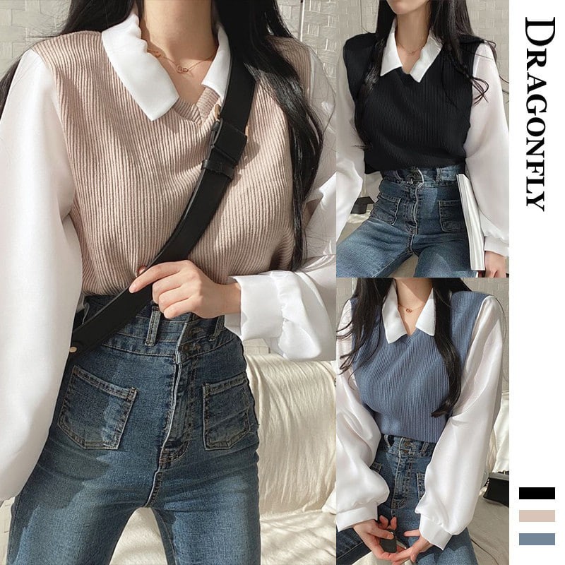 READY STOCK Women Fake Two-piece Polo Shirt College Korean Style Lapel Long Sleeved Simple Color Matching Slim Tops