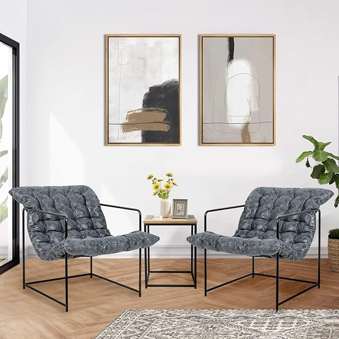 GIA Mid Century Modern Accent Chair and Rattan End Table Set for Living Room, Bedroom, and Office, 3pcs, Upholstered in Grey Velvet Fabric with Black Metal Base