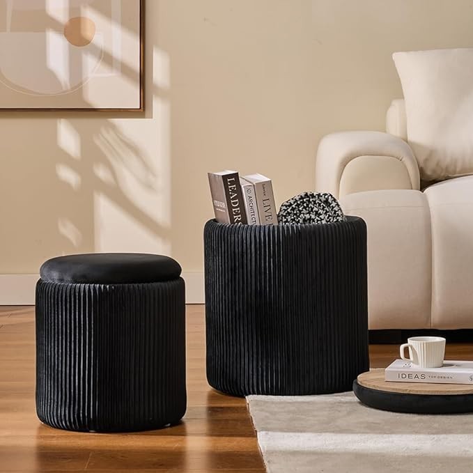 Round Set of 2 Ottoman with Storage-Upholstered Velvet Vanity Stool for Makeup Multifunctional Ottomans Coffee Table Padded Seat Foot Rest for Living Room&Bedroom (Ligth grey)