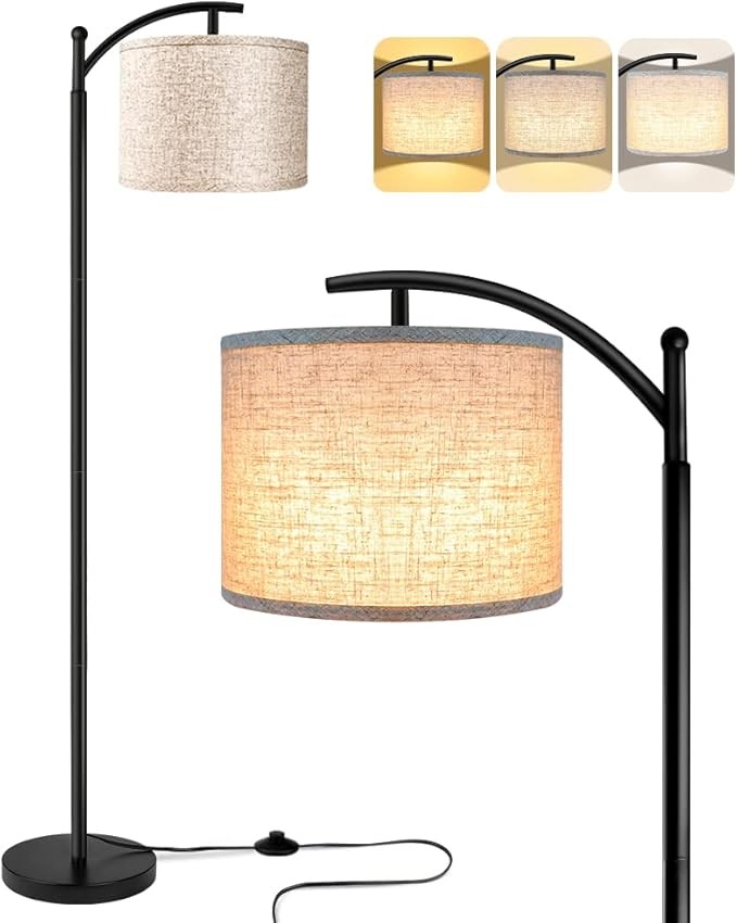 Floor Lamp for Living Room with 3 Color Temperatures LED Bulb, Standing Lamp Tall Industrial Floor Lamp Reading for Bedroom, Office (9W LED Bulb, Beige Lampshade Included) -Black