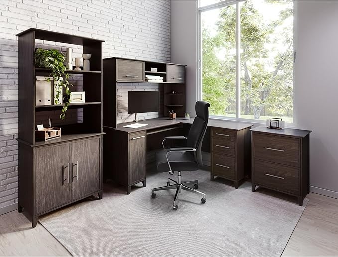 Realspace® Koru 60" W L-Shaped Corner Computer Desk with Integrated Power & Charging, Espresso Oak