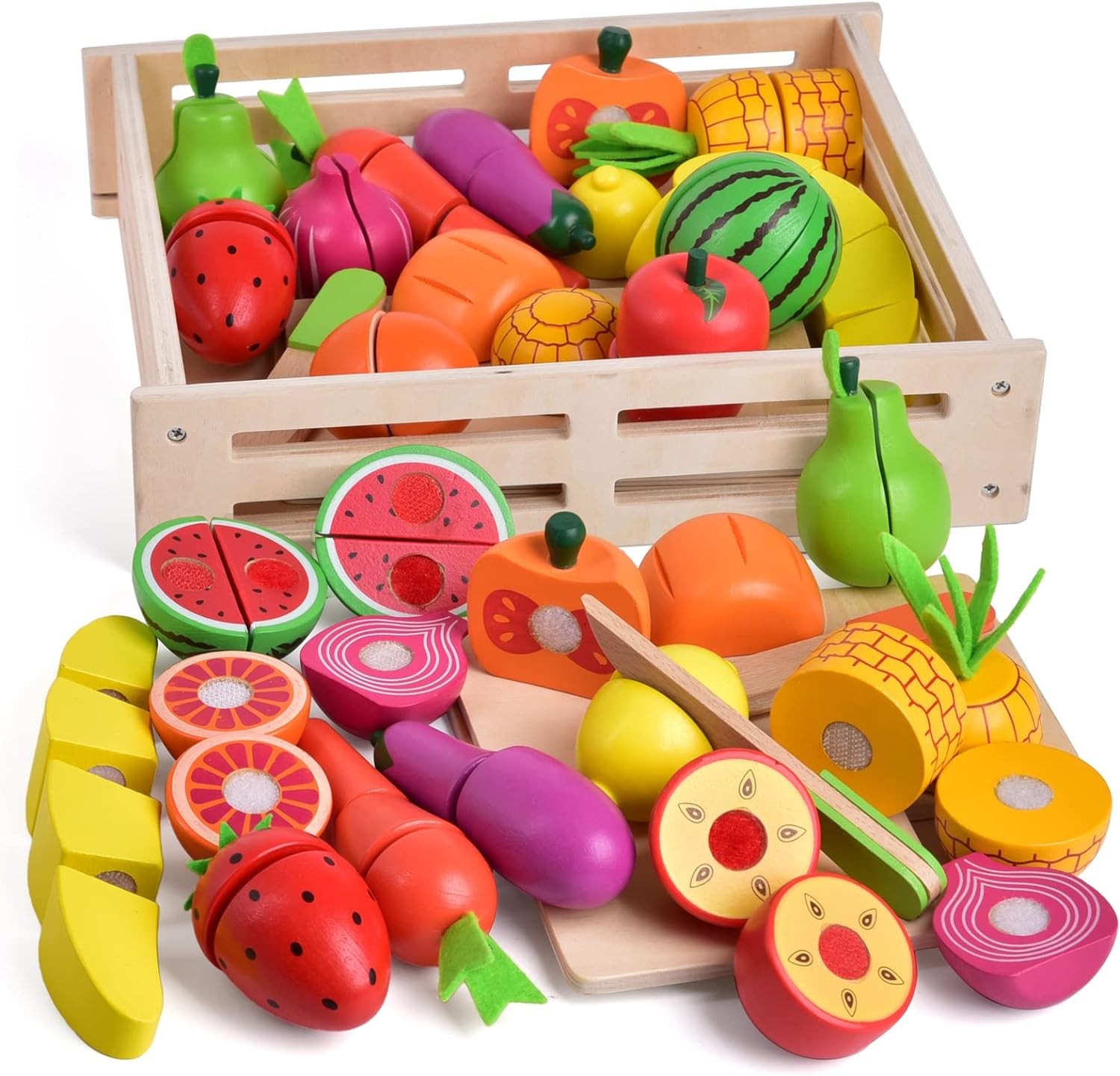 FUN LITTLE TOYS 35PCS Wooden Play Food for Kids Kitchen, Pretend Cutting Food Toys with Wooden Tray, Dishes and Knife for Kids, Pretend Play Food