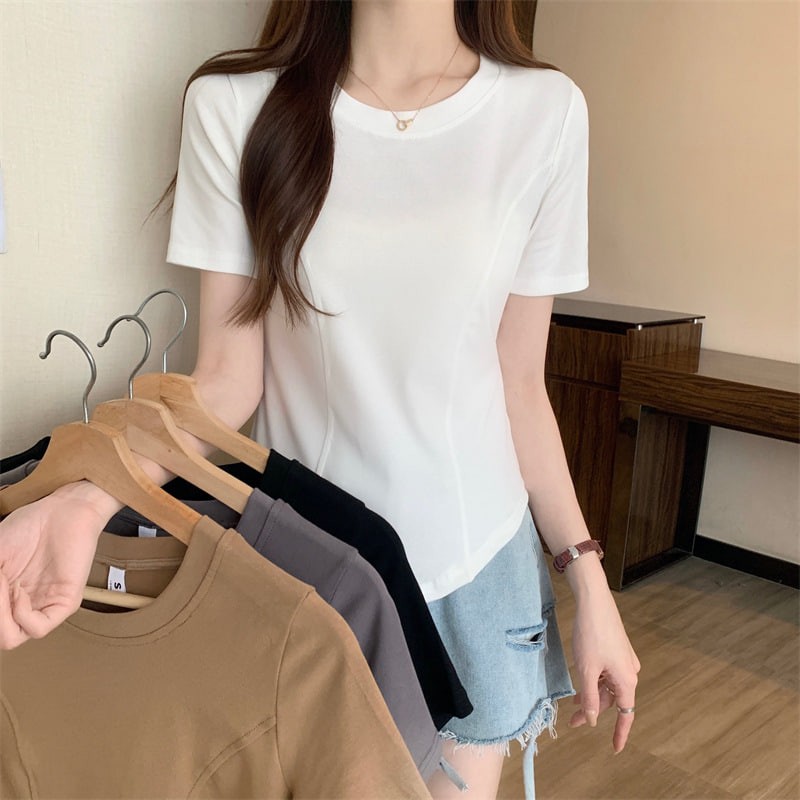 ST313 M-2XL Women Short Sleeve Round Neck Short T Shirt Korean Style Slim Fit Elastic