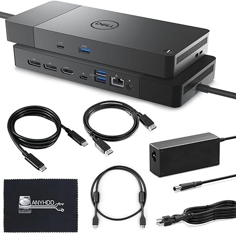 Dell WD19S Docking Station Bundle with 130W Power Adapter (90W Power Delivery) - USB Type-C, HDMI, Dual DisplayPort with HDMI Cable + Display Port Cable + USB-C Cable - Microfiber Cloth Included