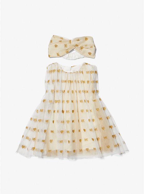 Embellished Logo Tulle Dress and Headband Baby Set