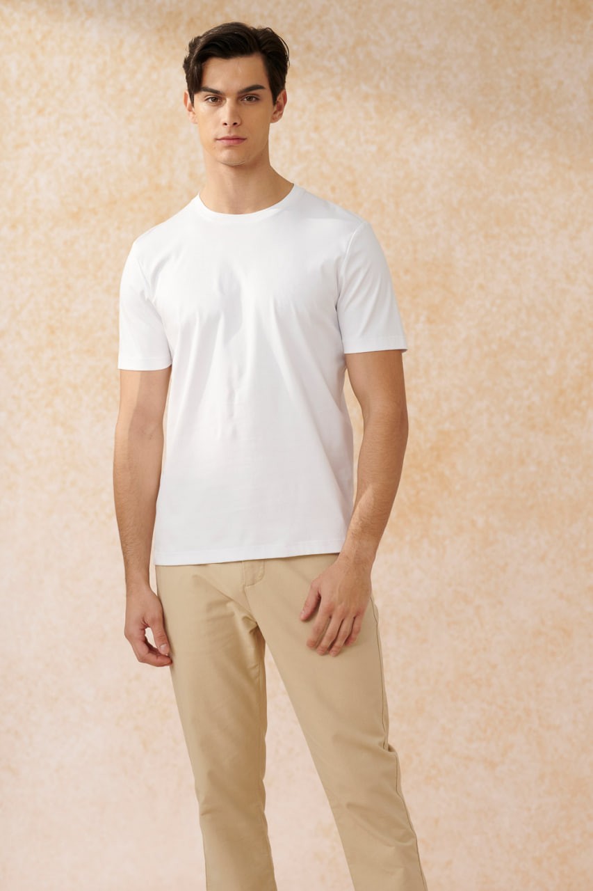 Pure white mercerized cotton round neck T-shirt