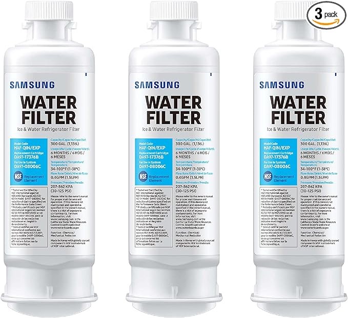 SAMSUNG Genuine Filters for Refrigerator Water and Ice, Carbon Block Filtration for Clean, Clear Drinking Water, HAF-QIN-3P, (Pack of 3)