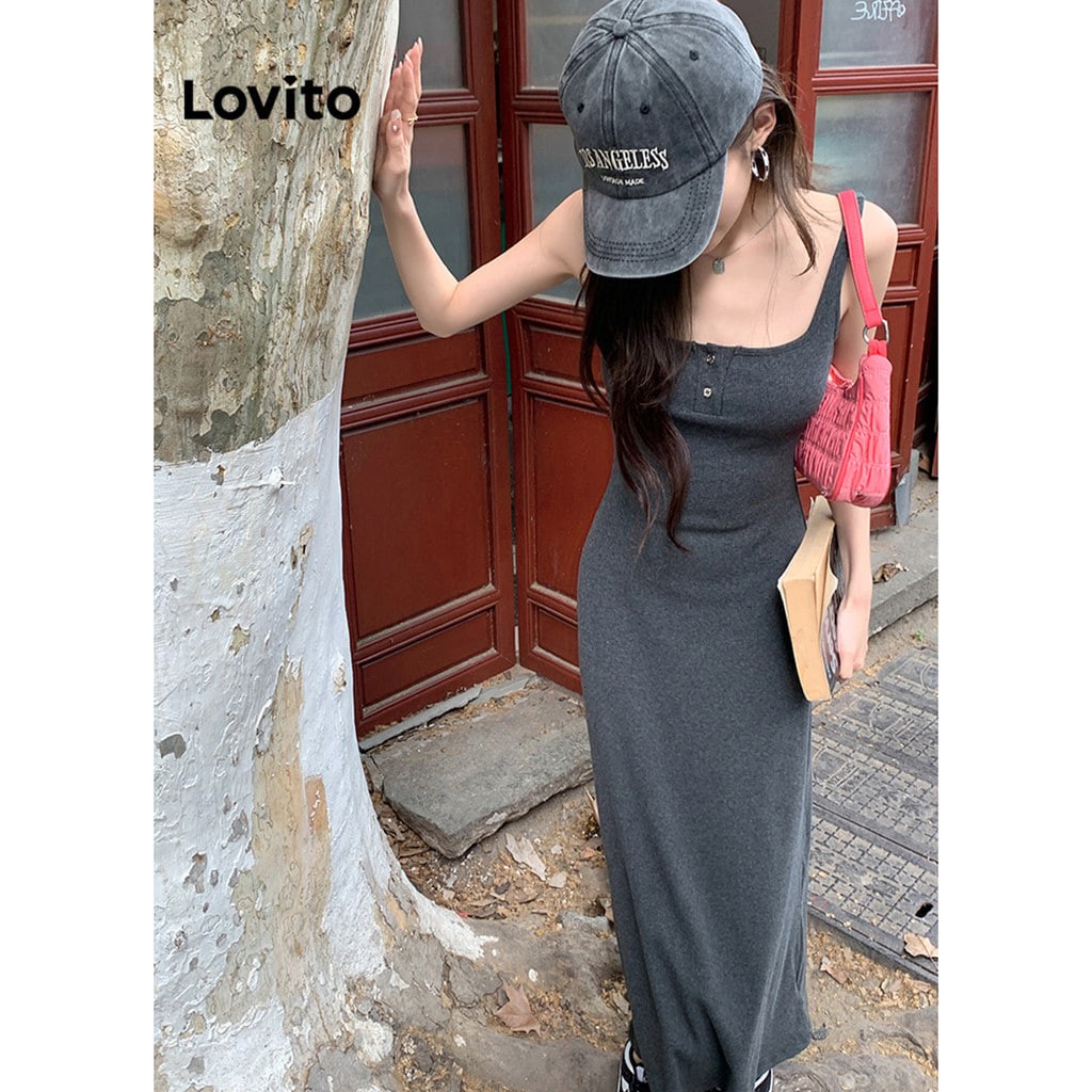 Lovito Casual Plain Button Dress for Women LNE34005