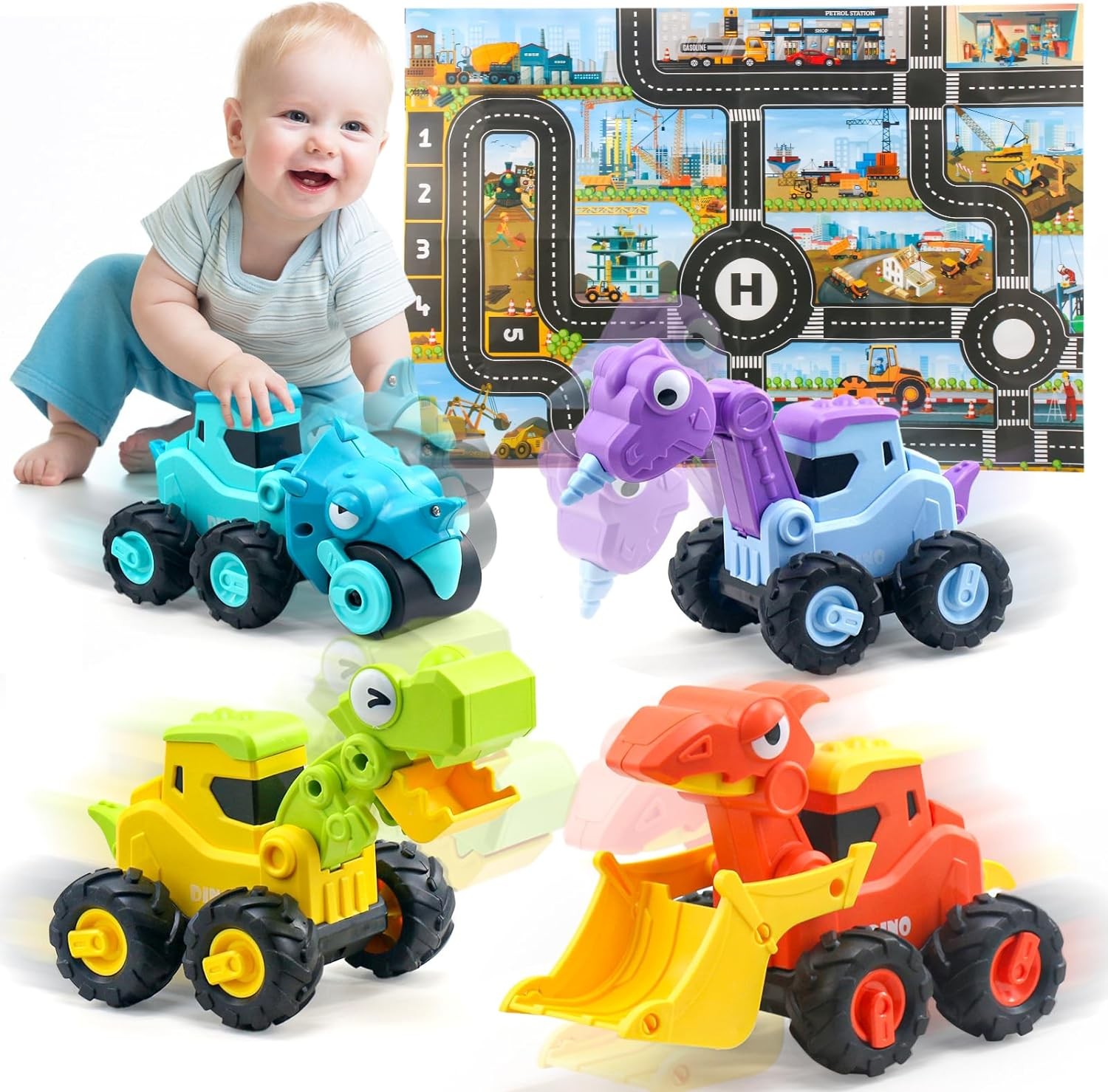 Toys for 1 Years Old Boys, Toy Cars for Toddlers 1-3, Toddler toys, One Years Old Boy Birthday Gift, Dinosaur Car Truck, Push and Go Car Baby Boy Toys, Toddler toys, Construction Vehicles