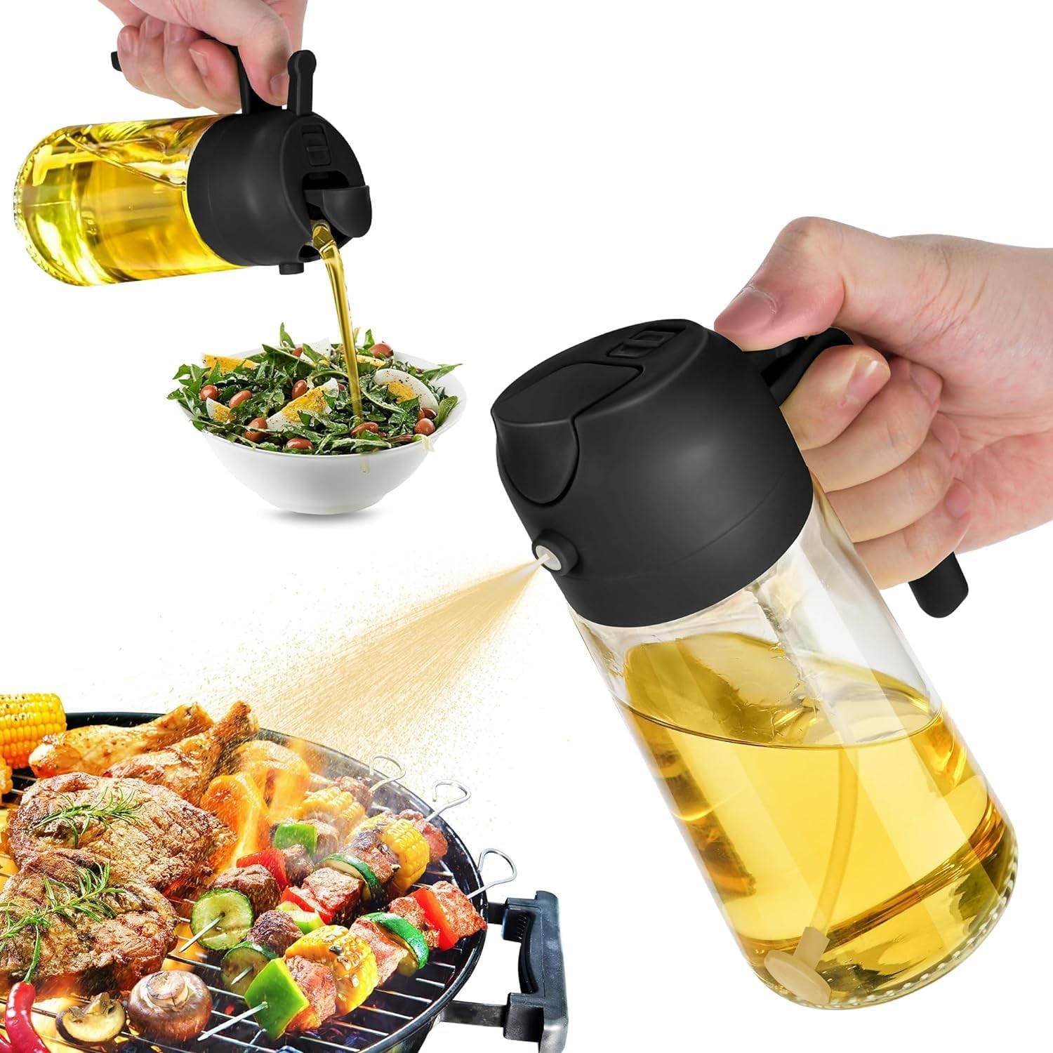 16oz Oil Dispenser Bottle for Kitchen - 2 in 1 Olive Oil Dispenser and Oil Sprayer - 470ml Olive Oil Bottle - Oil Sprayer for Cooking, Kitchen, Salad, Barbecue Black