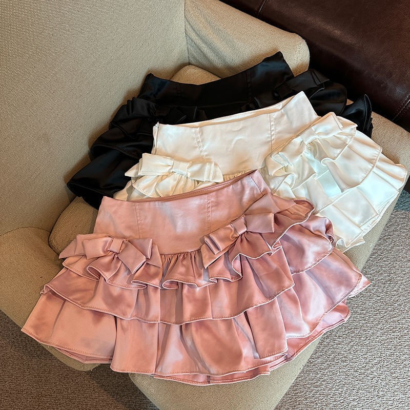 Pink Summer Short Culottes Women Bowknot Small a-Line Cake Skirt Hot Girl Sweet Skirt Fluffy Ballet Style V5W7