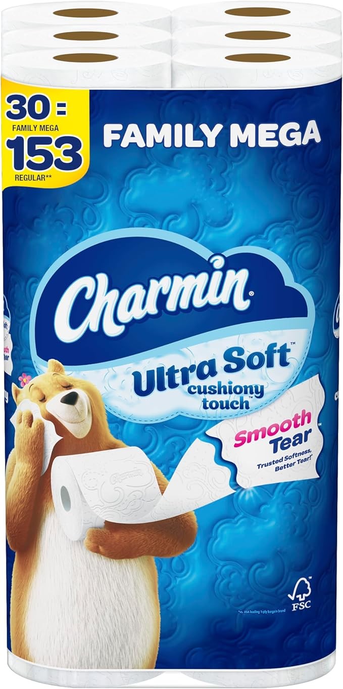 Charmin Ultra Soft Cushiony Touch Toilet Paper, 30 Family Mega Rolls = 153 Regular Rolls