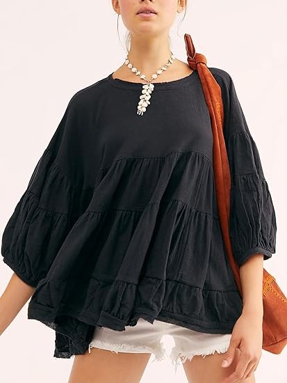 Babydoll Tops for Women 3/4 Lantern Sleeve Crewneck Loose Peplum Tops 2024 Summer Ruffle Blouse for Beach