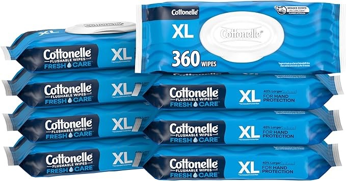 Cottonelle XL Flushable Wet Wipes, Adult Wipes Large, 8 Flip-Top Packs, 45 Wipes Per Pack (360 Total Wipes), Packaging May Vary