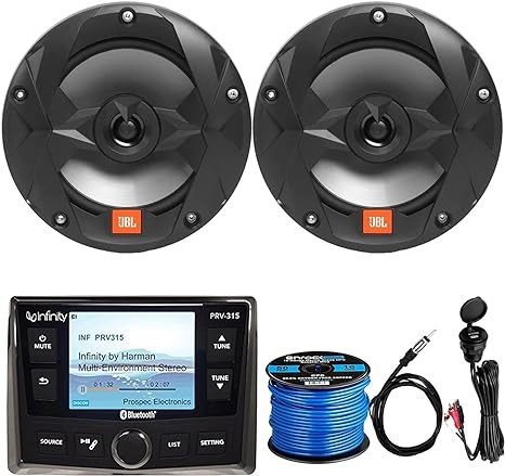 Infinity AM/FM/WB Tuner AUX USB Bluetooth Marine Digital Media Receiver Bundle with 2X 6.5 2-Way 225W Boat Audio Multi-Element Speakers , Speaker Wire, Antenna, USB/AUX Interface