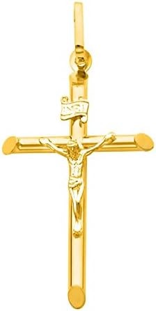 The World Jewelry Center 14k Yellow Gold Crucifix Cross Pendant with 1mm Braided Square Wheat Chain Necklace