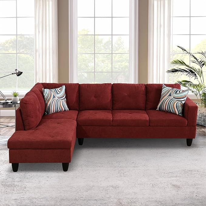 L-shaped Sectional Sofa Set Luxurious Flannelette 5-seat Couches, Durable and Comfortable, Space-Saving Design Perfect for Modern Living Room, Apartment, Red