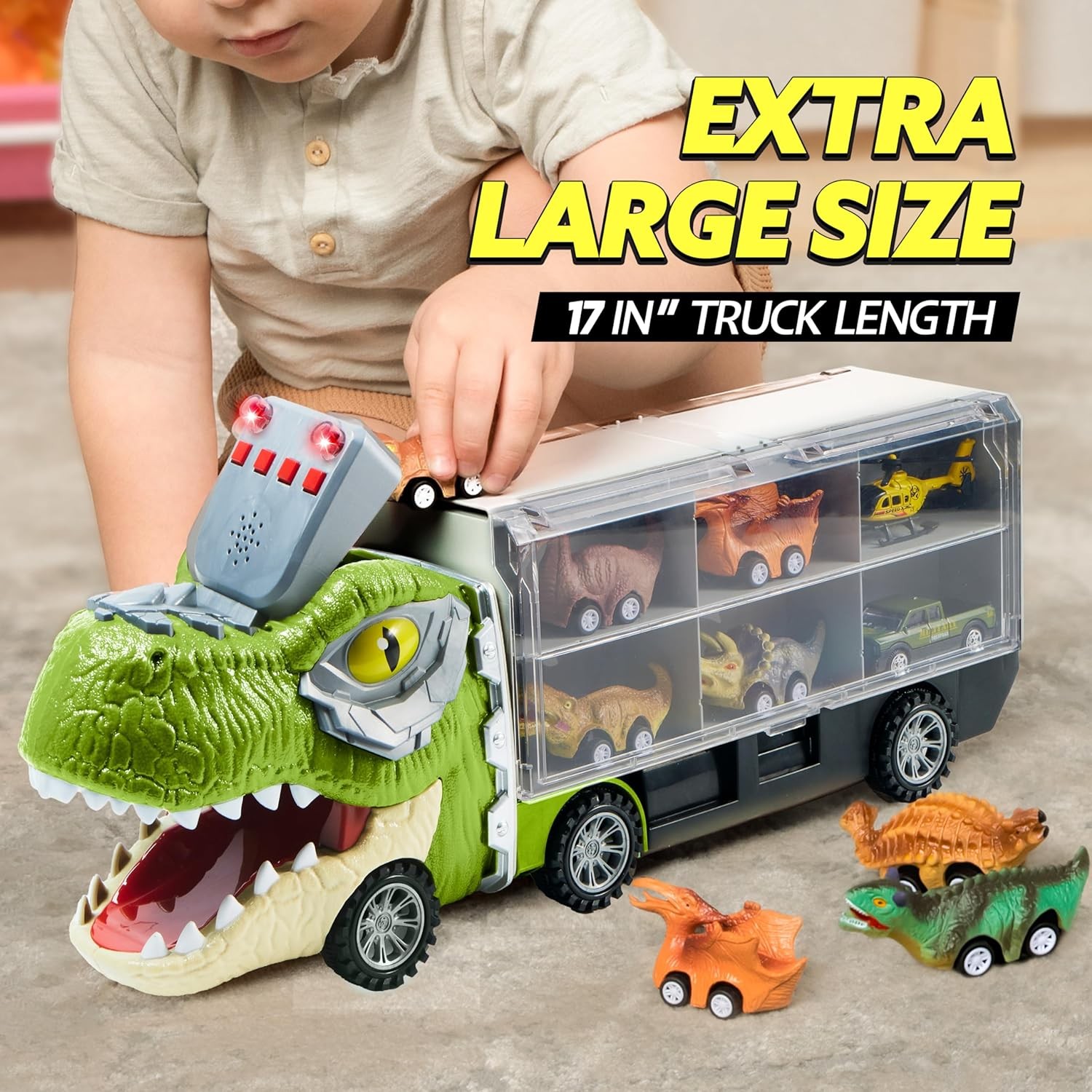 JOYIN 13 in 1 Dinosaur Toys for Kids 3-5, Dinosaur Truck with 12 Pull Back Cars, Dinosaur Cars Set, Birthday Gifts Toys for 3 4 5+ Year Old Boy, Transport Carrier Truck for Toddlers 2-4 Years