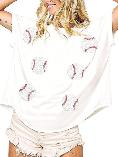 Womens Baseball Sequin T-Shirts Casual Sparkly Sequined Game Day Short Sleeves Shirt Oversized Wash Top Tees