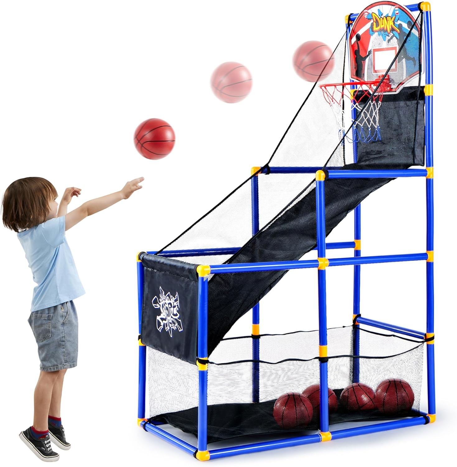 JOYIN Arcade Basketball Game Set with 4 Balls and Hoop for Kids 3 to 12 Years Old Indoor Outdoor Sport Play - Easy Set Up - Air Pump Included - Ideal for Competition