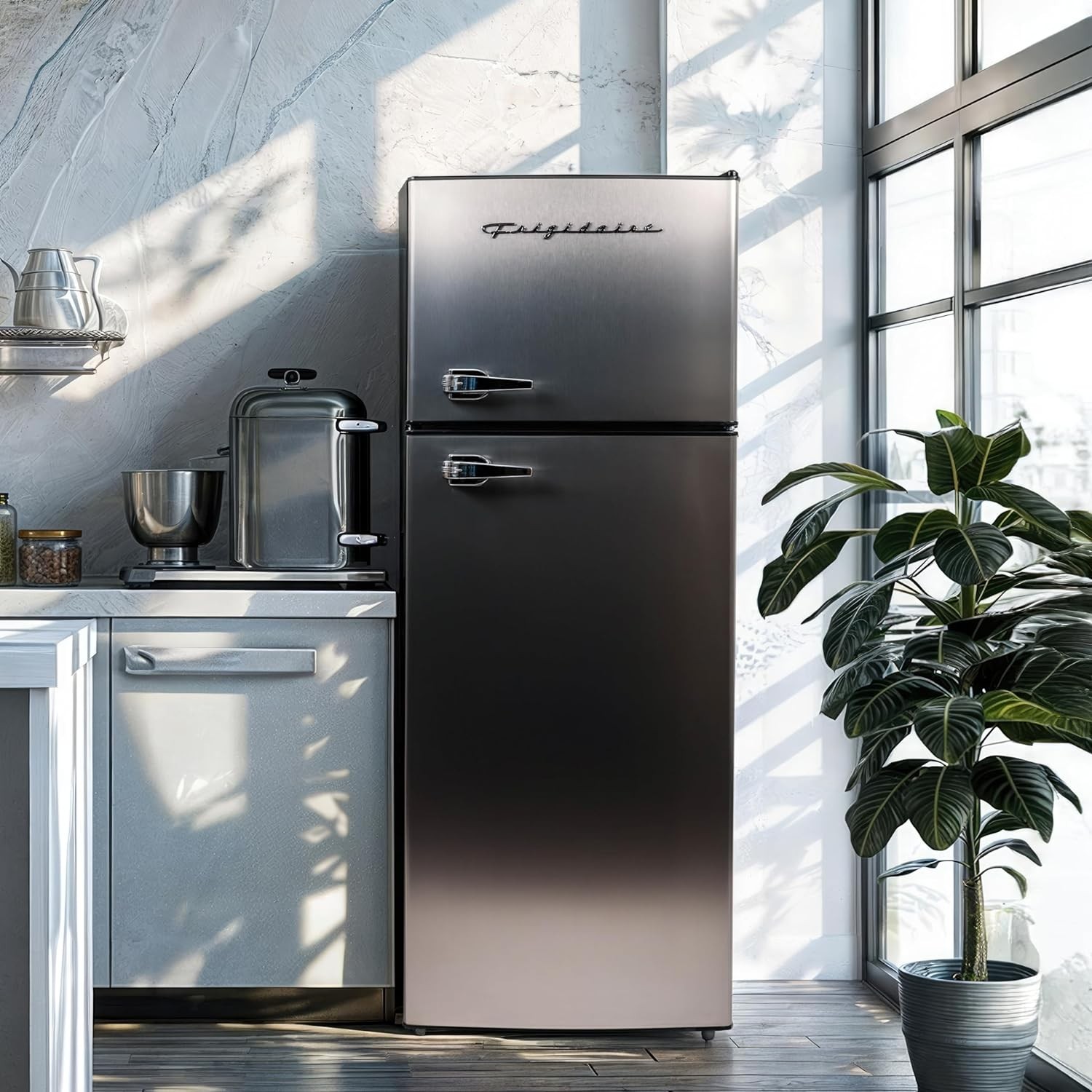 Frigidaire EFR751, 2 Door Apartment Size Refrigerator with Freezer Combo, 7.5 cu ft, Platinum Series, Stainless Steel-21.5" D x 22.4" W x 55.5" H