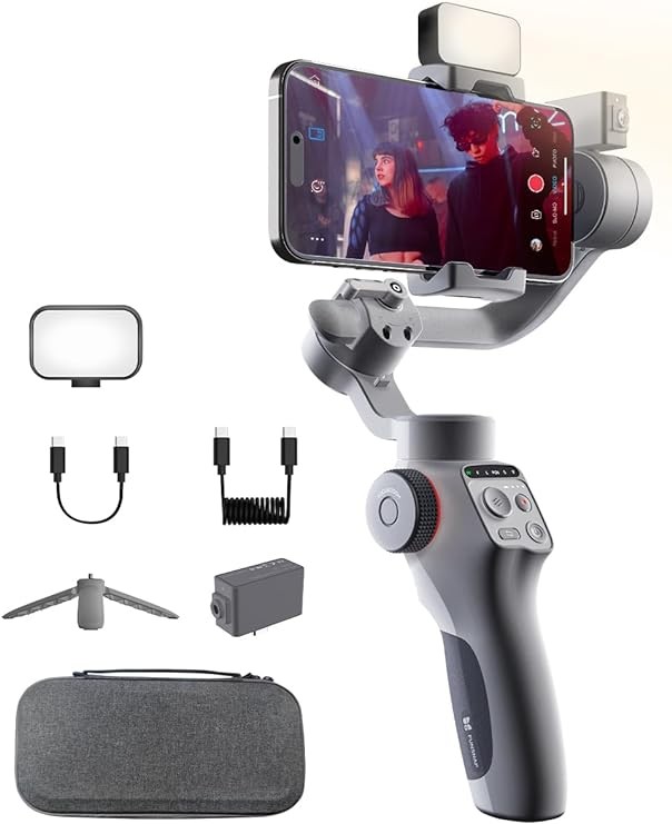 FUNSNAP C05 Kit Gimbal Stabilizer for Smartphone, iPhone Gimbal 3-Axis with Magnetic Fill Light/AI Tracking Sensor for iPhone 15 14 Pro Max Android Handheld Phone Gimbal for Video Recording