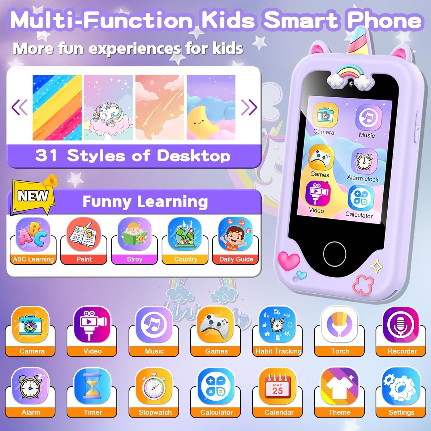 Kids Smart Phone for Girls, Christmas Birthday Gifts for Girls Age 3-10 Kids Toys Cell Phone, 2.8" Touchscreen Toddler Learning Play Toy Phone with Dual Camera, Game, Music Player, 8G SD Card