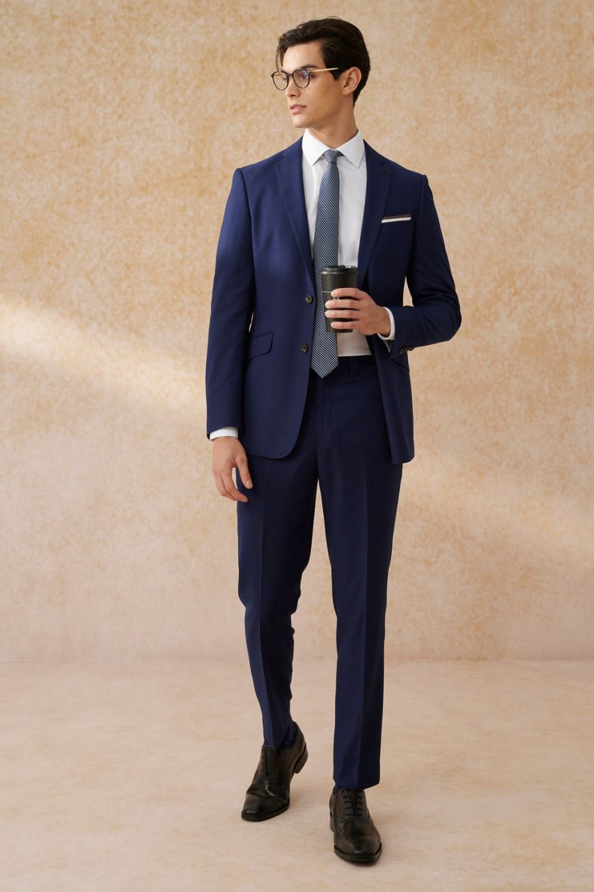 Navy Blue Stripe Tailored Dress Pants