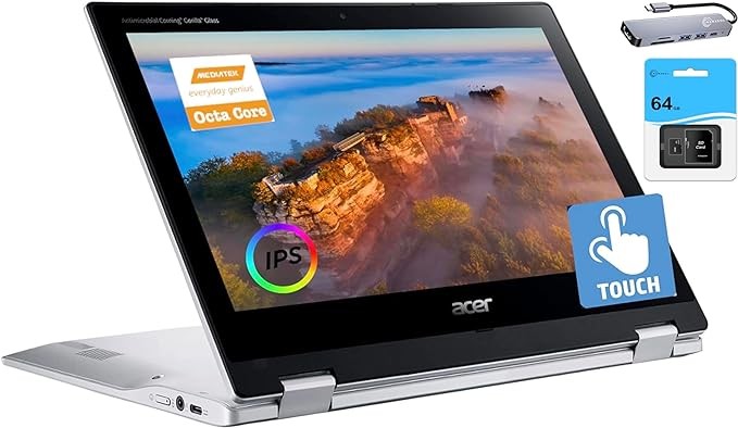 ACER Chromebook Spin 2-in-1 Convertible Laptop (2023), 8-Core MediaTek MT8183C Processor, 11.6'' HD IPS Touchscreen, 4GB RAM, 128GB (64GB eMMC+64GB SD), WiFi 5, Chrome OS+MarxsolAccessory