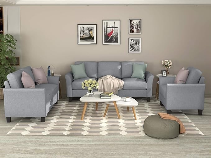 Piece Modern Blend Upholstered Sofa Living Room Furniture Set, Including Three-Seater Couch, Loveseat and Single Sofá Chair for Apartment Office, Light Gray G, Light Gray 1+2+3 seat