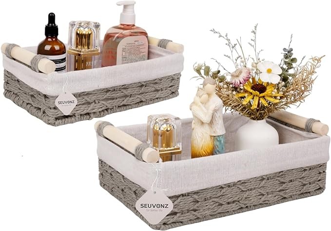 2 Pack Set, Wicker Rope Baskets for Organization and Storage, Woven Baskets for Shelves and Countertops,Toilet Paper Basket, Rattan Basket with Wooden Handle,Boho Home Decor Baskets,Grey