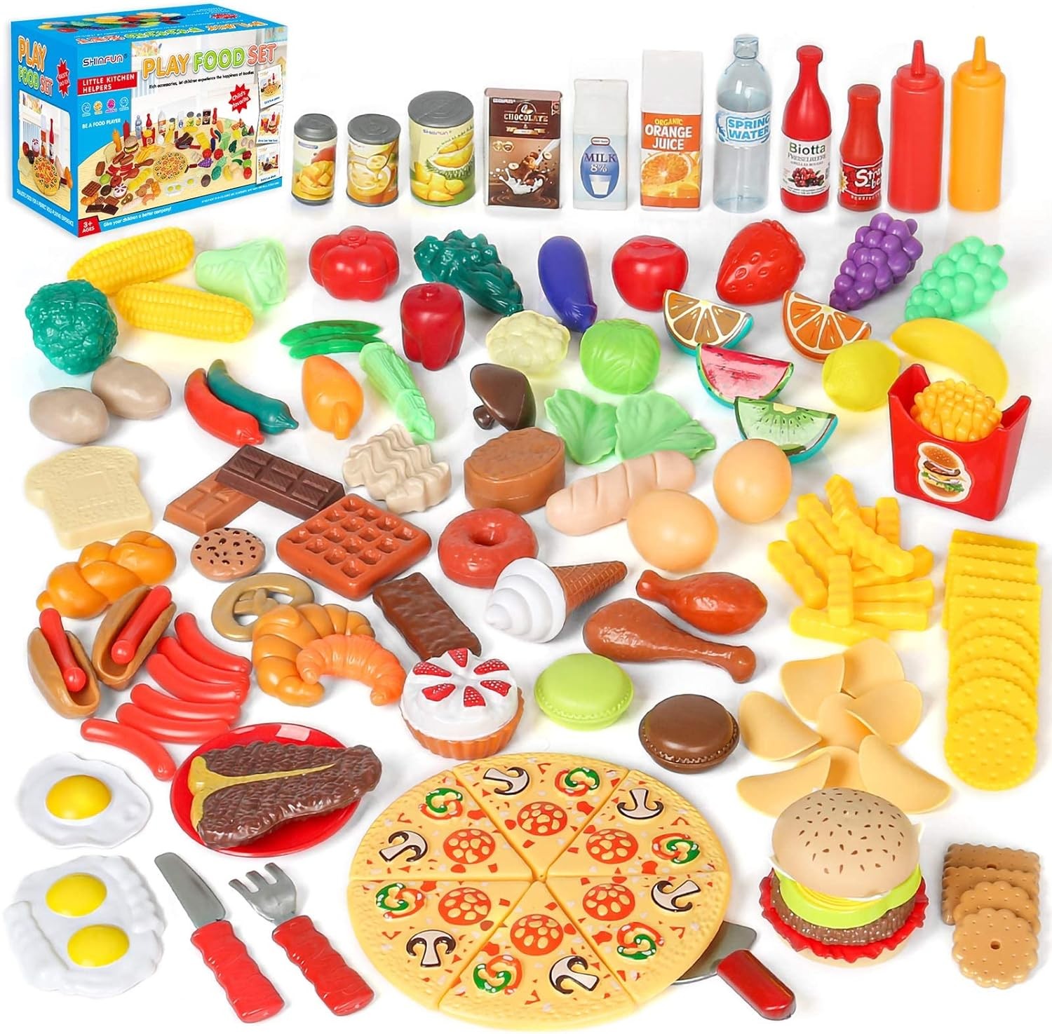 130pc Play Food Set for Kids & Toddlers Kitchen Toy Playset. Pretend Play Fake Toy Food, Play Kitchen Accessories Food Toys, Detail for Fun & Education Kitchen Toys. Best Gift Choice